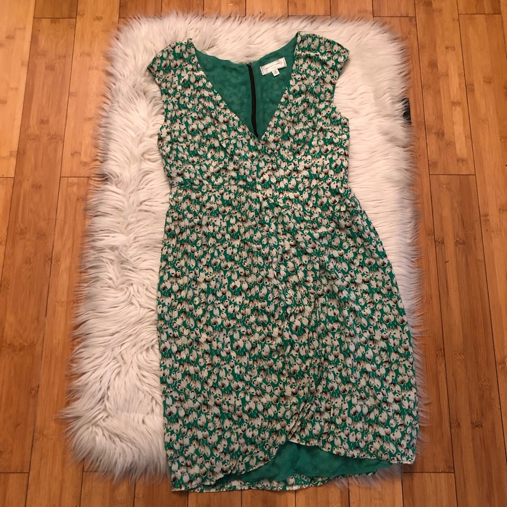 Anthropologie Moulinette Soeurs 100% Silk Tulip Prints Faux Wrap Green Dress 6